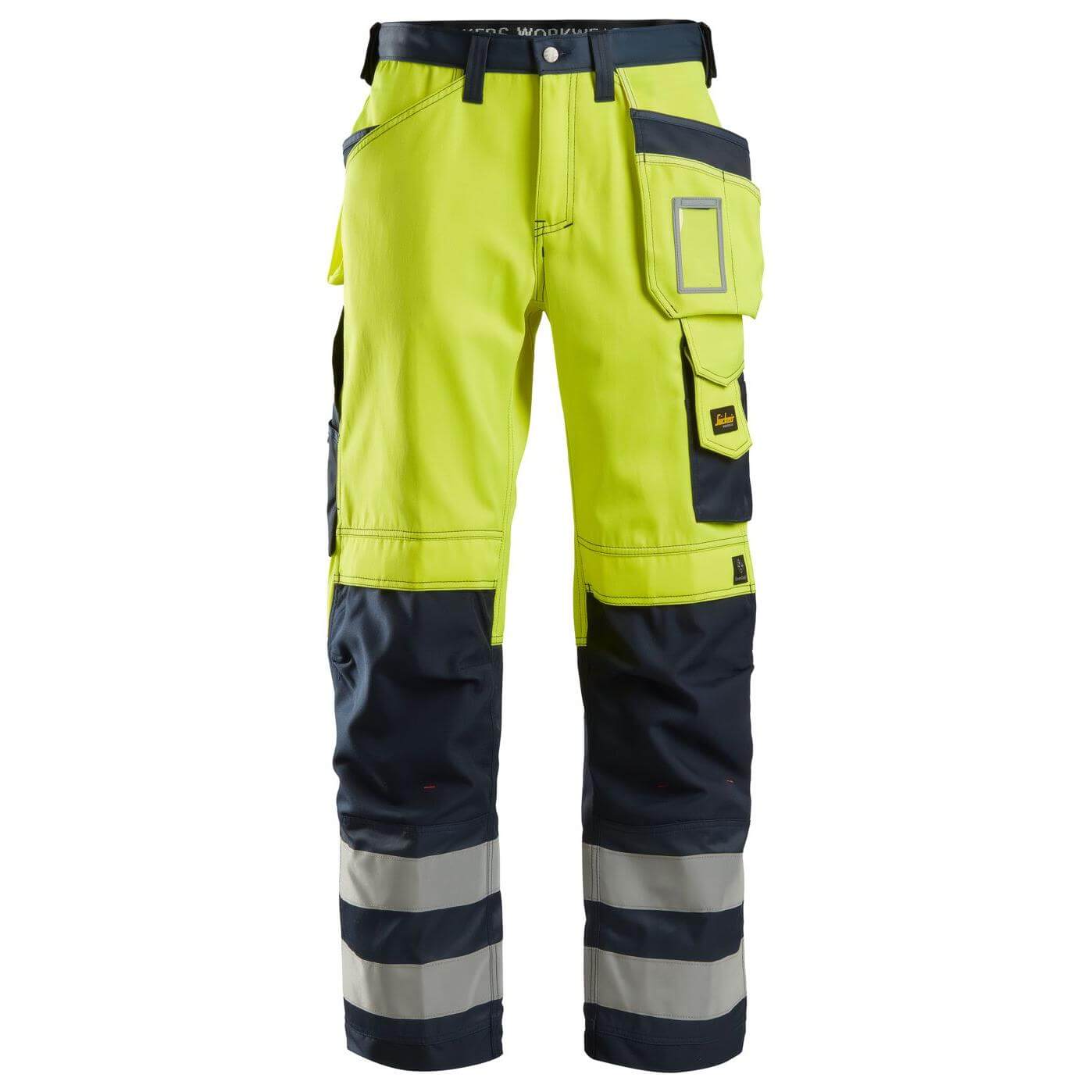 Snickers 3233 Hi Vis Loose Fit Holster Pocket Trousers Class 2 Hi Vis Yellow Navy Blue Main #colour_hi-vis-yellow-navy-blue