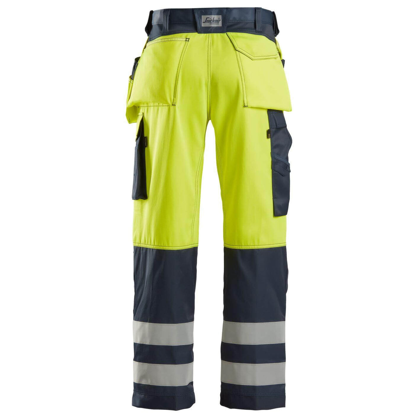 Snickers 3233 Hi Vis Loose Fit Holster Pocket Trousers Class 2 Hi Vis Yellow Navy Blue back #colour_hi-vis-yellow-navy-blue