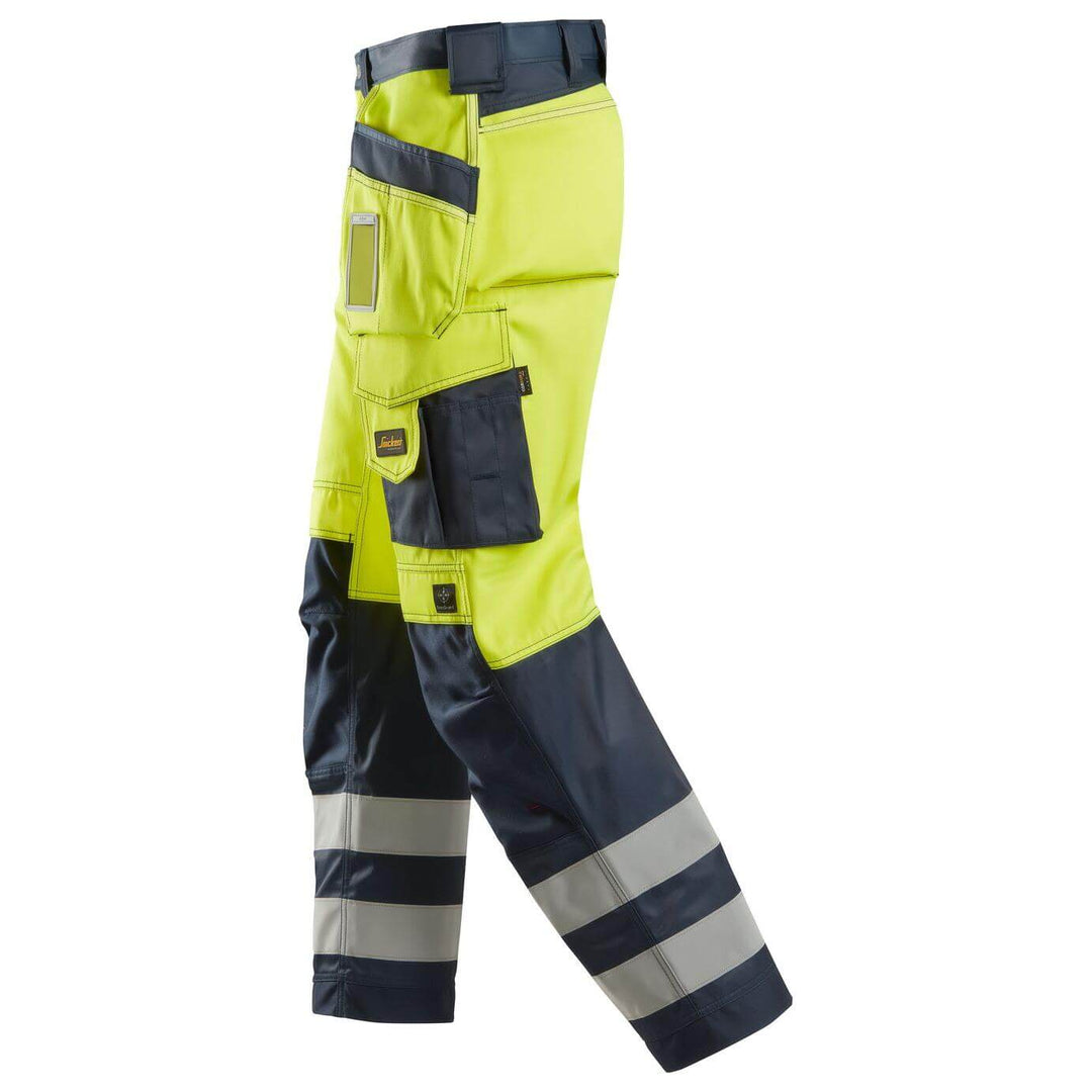 Snickers 3233 Hi Vis Loose Fit Holster Pocket Trousers Class 2 Hi Vis Yellow Navy Blue left #colour_hi-vis-yellow-navy-blue