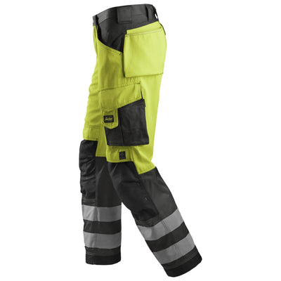 Snickers 3333 Loose Fit Hi Vis Trousers Class 2 Hi Vis Yellow Muted Black left #colour_hi-vis-yellow-muted-black