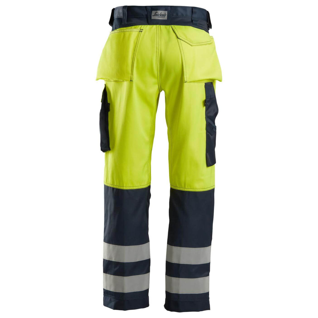 Snickers 3333 Loose Fit Hi Vis Trousers Class 2 Hi Vis Yellow Navy Blue back #colour_hi-vis-yellow-navy-blue