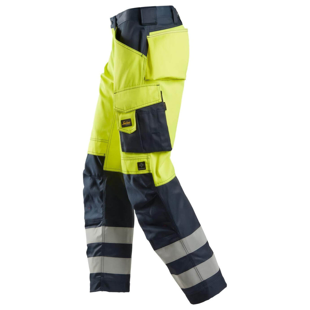 Snickers 3333 Loose Fit Hi Vis Trousers Class 2 Hi Vis Yellow Navy Blue left #colour_hi-vis-yellow-navy-blue