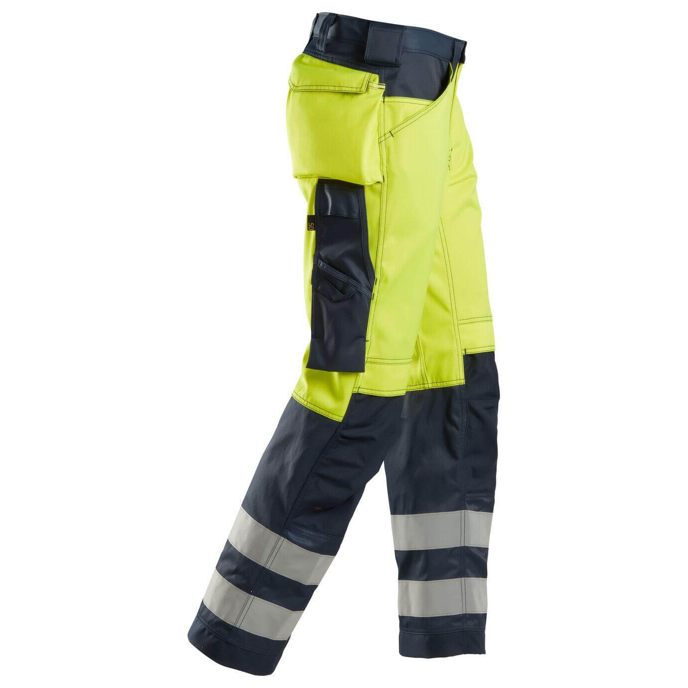 Snickers 3333 Loose Fit Hi Vis Trousers Class 2 Hi Vis Yellow Navy Blue right #colour_hi-vis-yellow-navy-blue