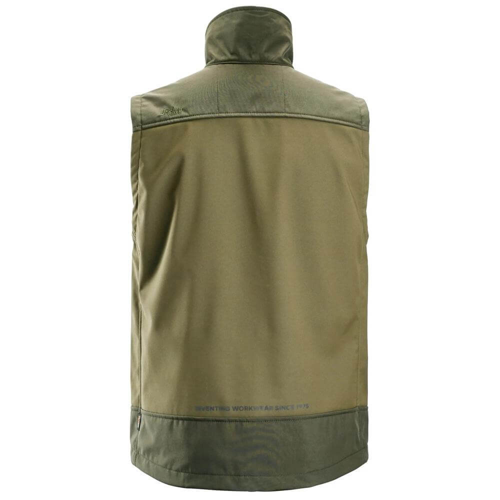 Snickers 4506 AllroundWork Softshell Stretch Vest Khaki Green Dark Khaki Green back #colour_khaki-green-dark-khaki-green