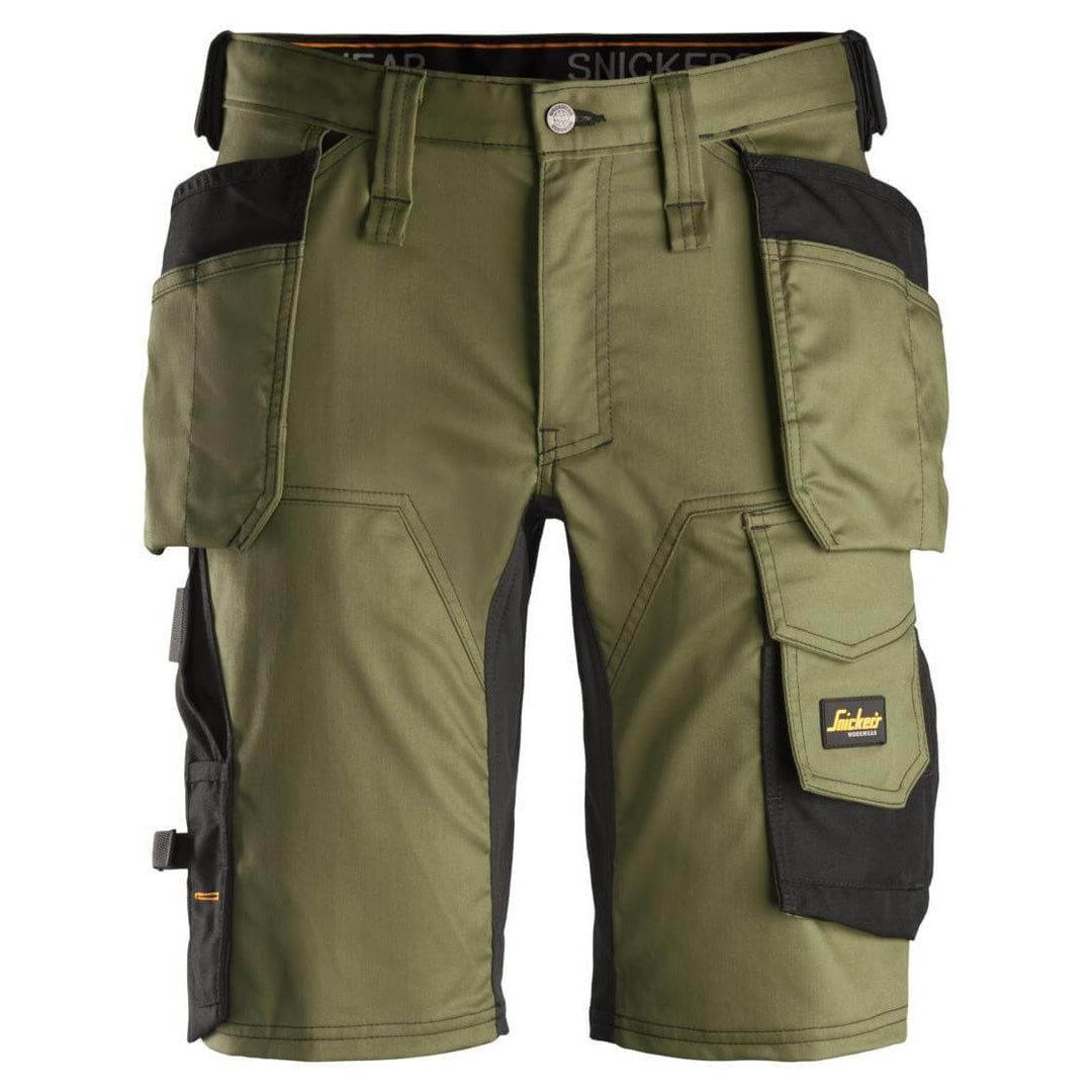 Snickers 6141 AllroundWork Slim Fit Stretch Shorts with Holster Pockets Khaki Green Black Main #colour_khaki-green-black