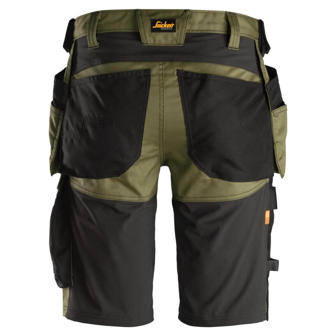 Snickers 6141 AllroundWork Slim Fit Stretch Shorts with Holster Pockets Khaki Green Black back #colour_khaki-green-black