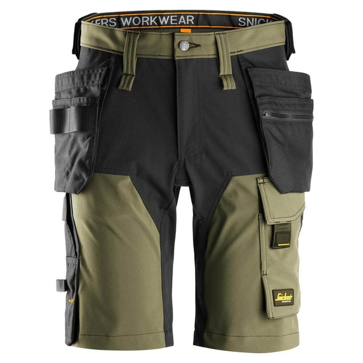 Snickers 6175 AllroundWork 4 Way Stretch Shorts Holster Pockets Khaki Green Black Main #colour_khaki-green-black