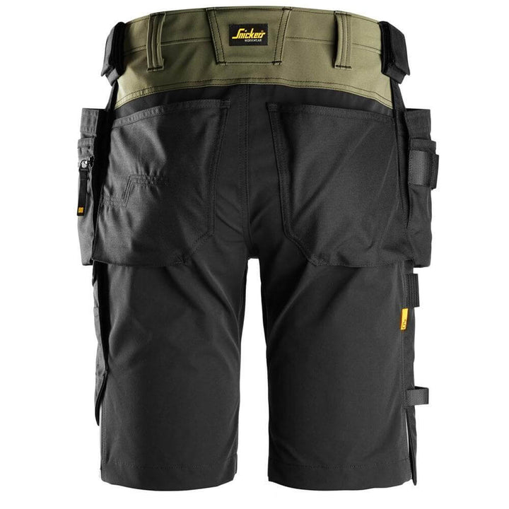 Snickers 6175 AllroundWork 4 Way Stretch Shorts Holster Pockets Khaki Green Black back #colour_khaki-green-black