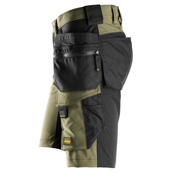 Snickers 6175 AllroundWork 4 Way Stretch Shorts Holster Pockets Khaki Green Black left #colour_khaki-green-black
