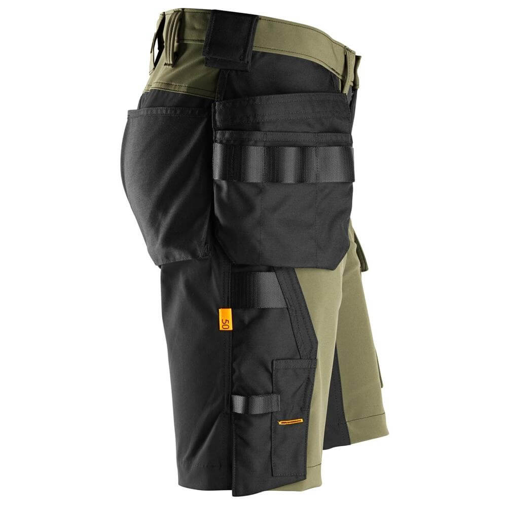 Snickers 6175 AllroundWork 4 Way Stretch Shorts Holster Pockets Khaki Green Black right #colour_khaki-green-black