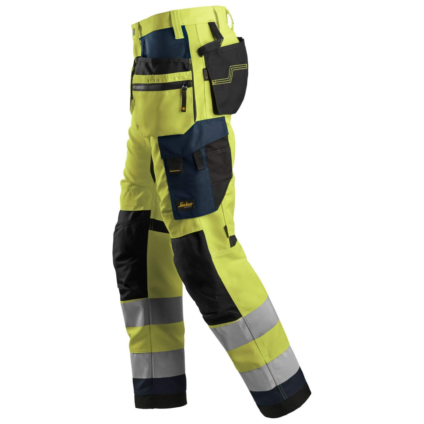 Snickers 6230 Hi Vis Work Trousers with Holster Pockets Class 2 Hi Vis Yellow Navy Blue left #colour_hi-vis-yellow-navy-blue