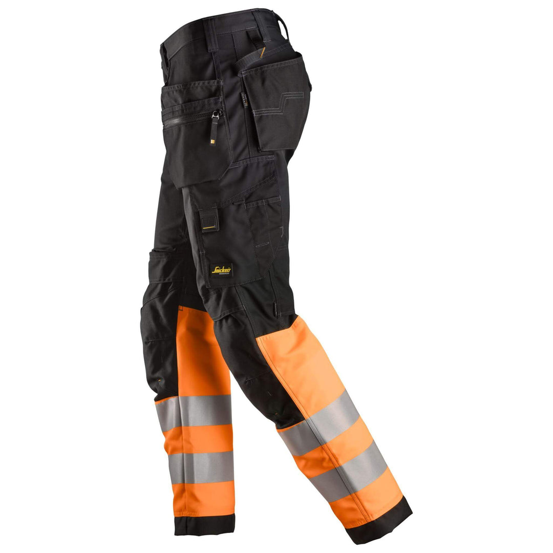 Snickers 6233 Hi Vis Work Trousers with Holster Pockets Class 1 Black Hi Vis Orange left #colour_black-hi-vis-orange