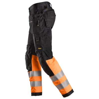 Snickers 6233 Hi Vis Work Trousers with Holster Pockets Class 1 Black Hi Vis Orange left #colour_black-hi-vis-orange