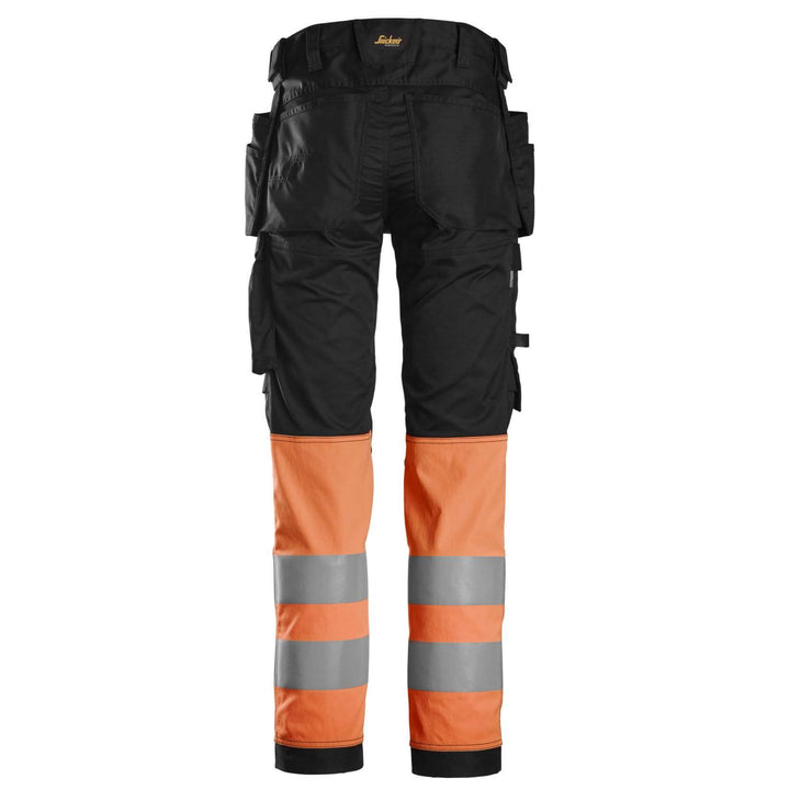 Snickers 6234 Hi Vis Slim Fit Stretch Trousers with Holster Pockets Class 1 Black Hi Vis Orange back #colour_black-hi-vis-orange