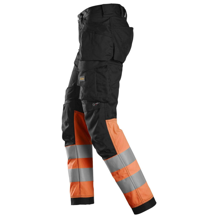 Snickers 6234 Hi Vis Slim Fit Stretch Trousers with Holster Pockets Class 1 Black Hi Vis Orange left #colour_black-hi-vis-orange