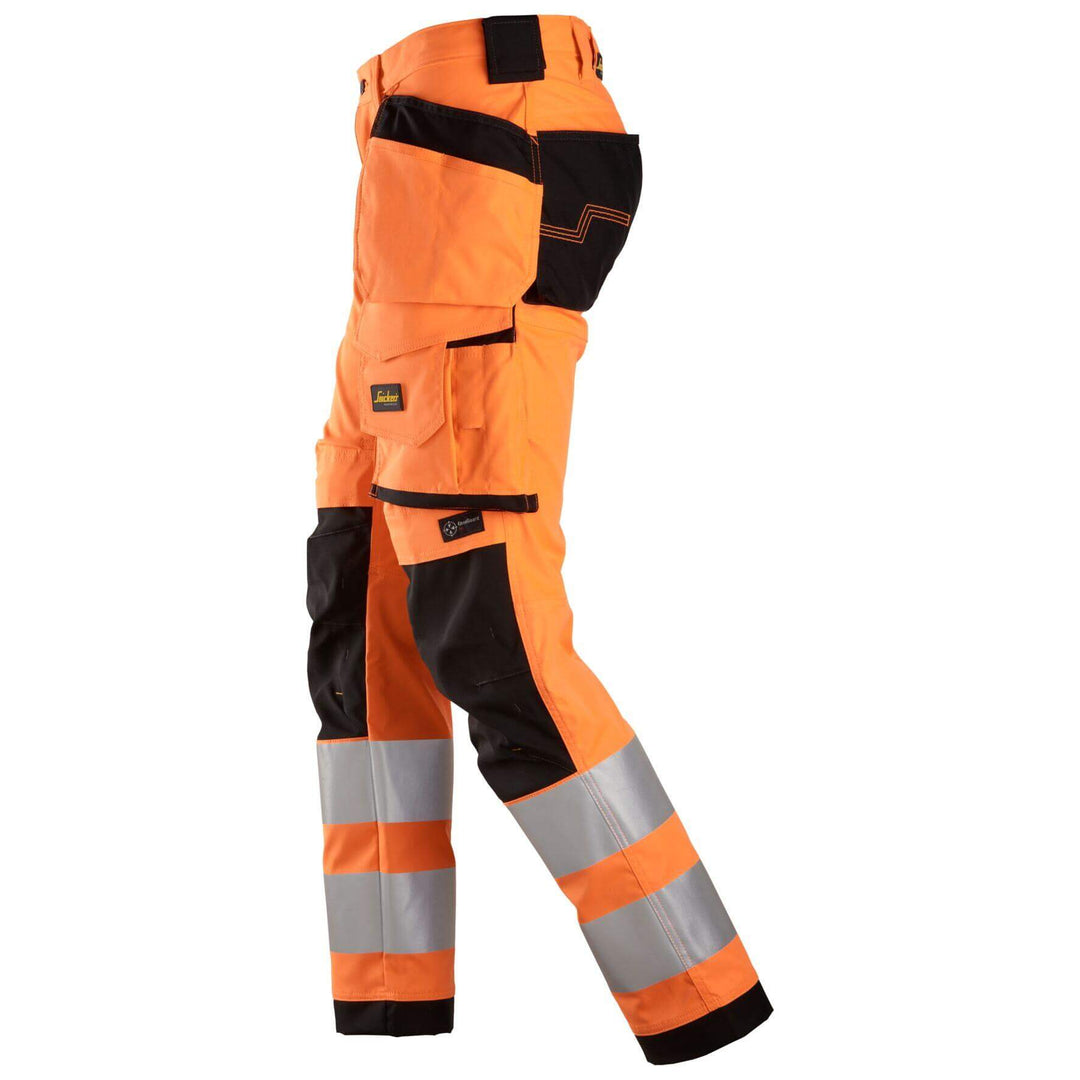 Snickers 6243 Hi Vis Slim Fit Stretch Trousers with Holster Pockets Class 2 Hi Vis Orange Black left #colour_hi-vis-orange-black