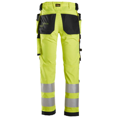 Snickers 6243 Hi Vis Slim Fit Stretch Trousers with Holster Pockets Class 2 Hi Vis Yellow Black back #colour_hi-vis-yellow-black