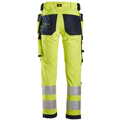 Snickers 6243 Hi Vis Slim Fit Stretch Trousers with Holster Pockets Class 2 Hi Vis Yellow Navy Blue back #colour_hi-vis-yellow-navy-blue