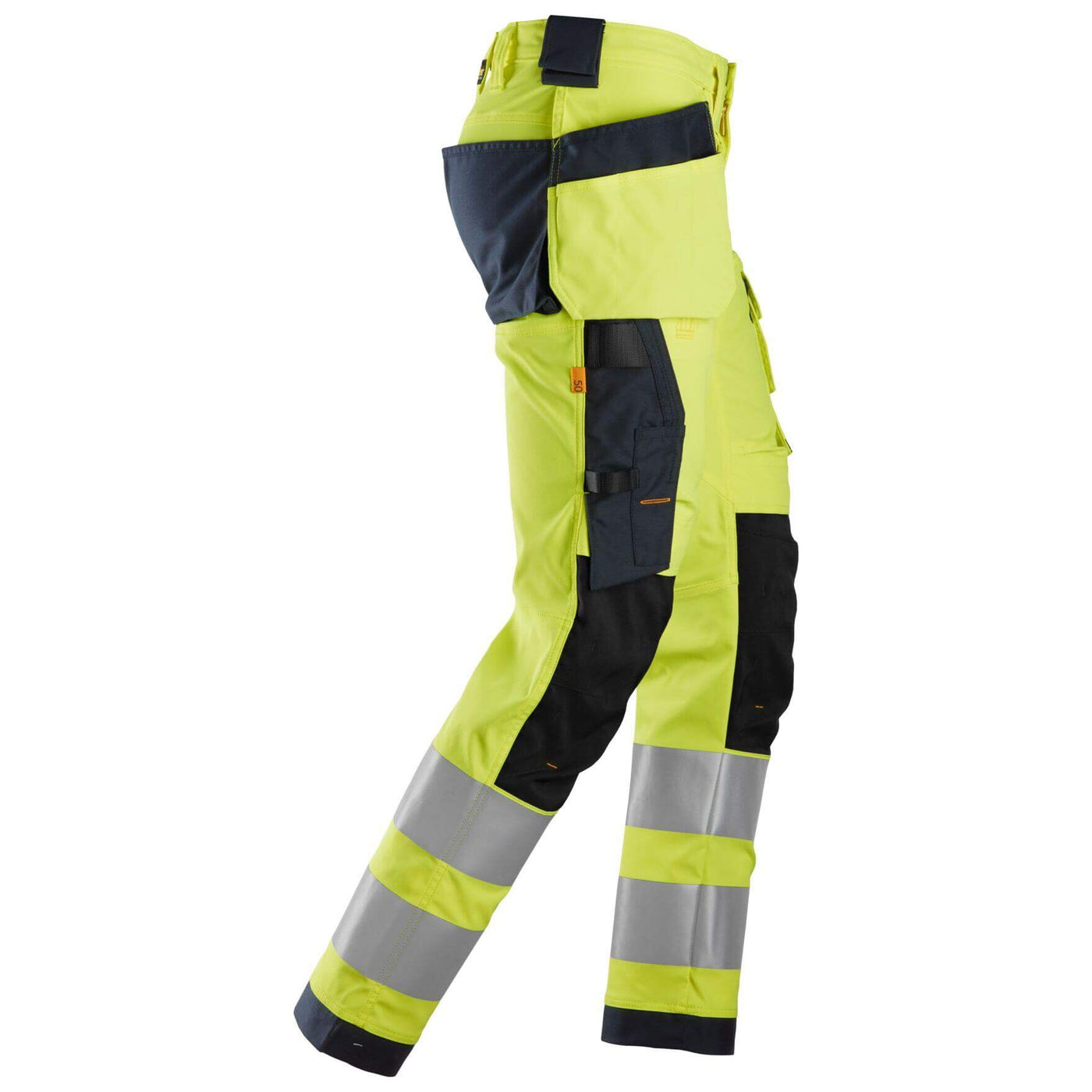 Snickers 6243 Hi Vis Slim Fit Stretch Trousers with Holster Pockets Class 2 Hi Vis Yellow Navy Blue right #colour_hi-vis-yellow-navy-blue