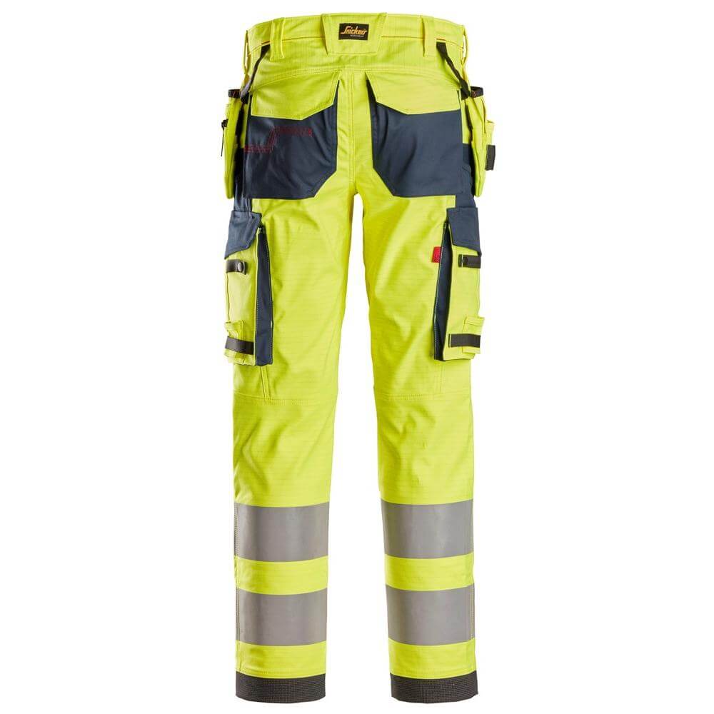 Snickers 6268 ProtecWork Stretch Work Trousers Holster Pockets High Vis Class 2 Hi Vis Yellow Navy back #colour_hi-vis-yellow-navy