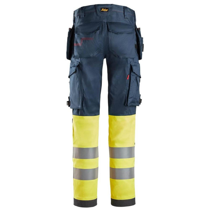 Snickers 6274 ProtecWork Stretch Work Trousers Holster Pockets High Vis Class 1 Navy Hi Visibilty Yellow back #colour_navy-hi-visibilty-yellow