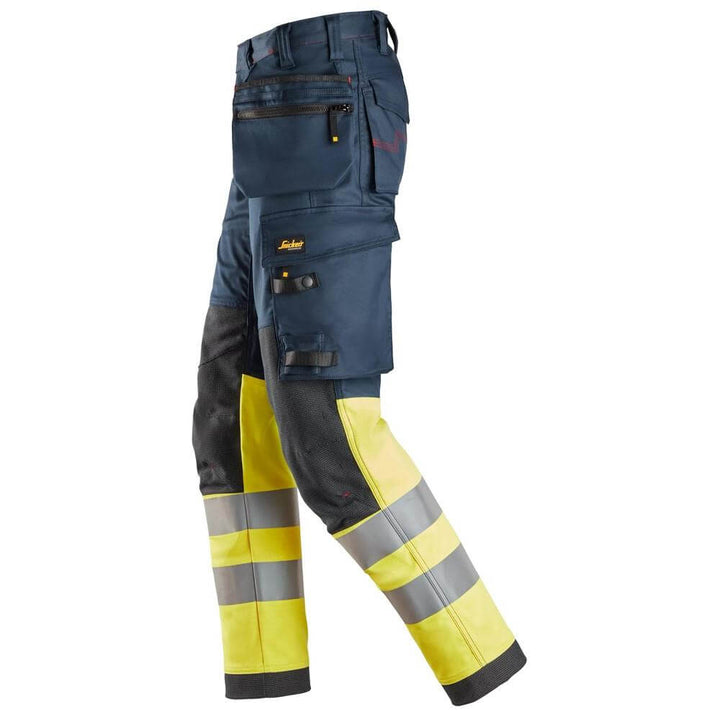 Snickers 6274 ProtecWork Stretch Work Trousers Holster Pockets High Vis Class 1 Navy Hi Visibilty Yellow left #colour_navy-hi-visibilty-yellow