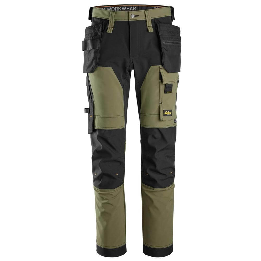 Snickers 6275 AllroundWork 4 way Stretch Trousers Holster Pockets Khaki Green Black Main #colour_khaki-green-black