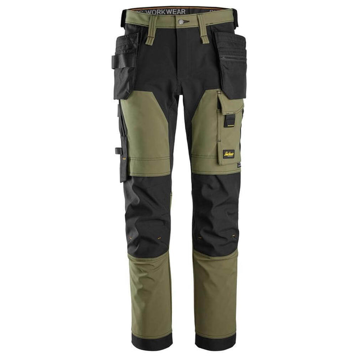 Snickers 6275 AllroundWork 4 way Stretch Trousers Holster Pockets Khaki Green Black Main #colour_khaki-green-black