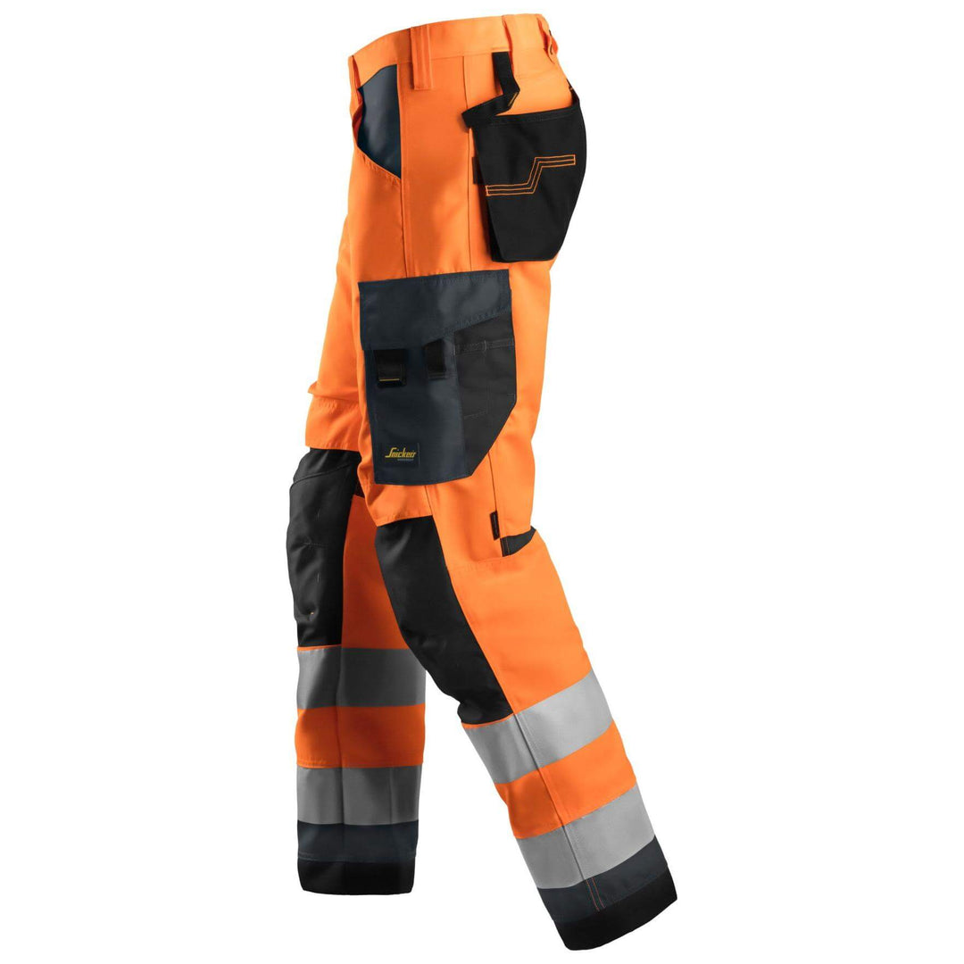 Snickers 6331 Hi Vis Work Trousers Class 2 Hi Vis Orange Steel Grey left #colour_hi-vis-orange-steel-grey