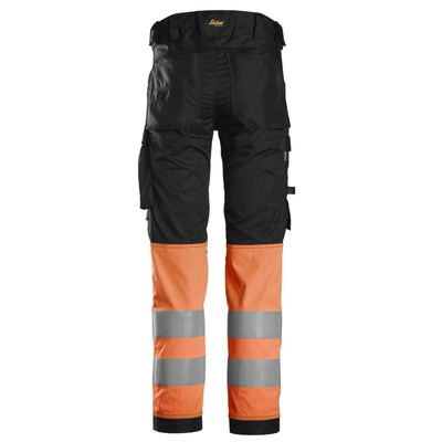 Snickers 6334 Hi Vis Slim Fit Stretch Trousers Class 1 Black Hi Vis Orange back #colour_black-hi-vis-orange