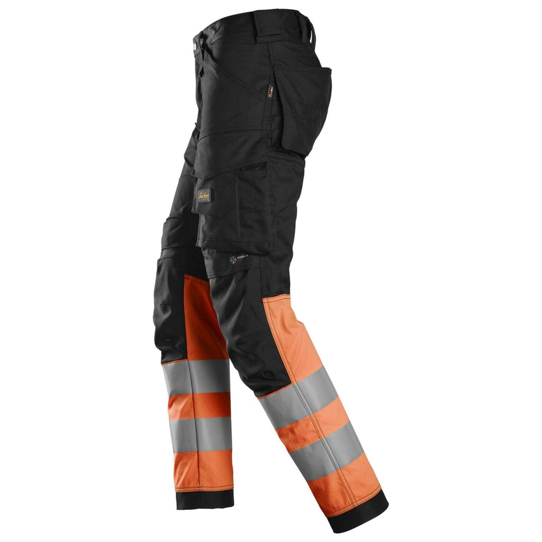 Snickers 6334 Hi Vis Slim Fit Stretch Trousers Class 1 Black Hi Vis Orange left #colour_black-hi-vis-orange