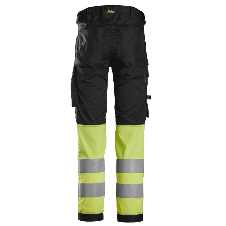 Snickers 6334 Hi Vis Slim Fit Stretch Trousers Class 1 Black Hi Vis Yellow back #colour_black-hi-vis-yellow