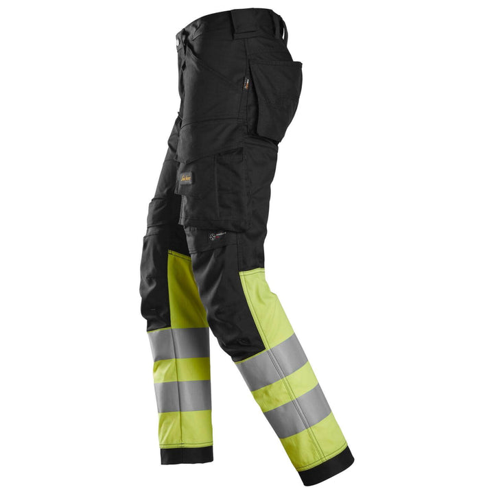 Snickers 6334 Hi Vis Slim Fit Stretch Trousers Class 1 Black Hi Vis Yellow left #colour_black-hi-vis-yellow