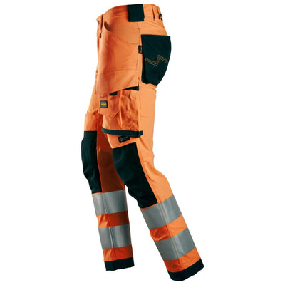 Snickers 6343 Hi Vis Slim Fit Stretch Trousers Class 2 Hi Vis Orange Black left #colour_hi-vis-orange-black