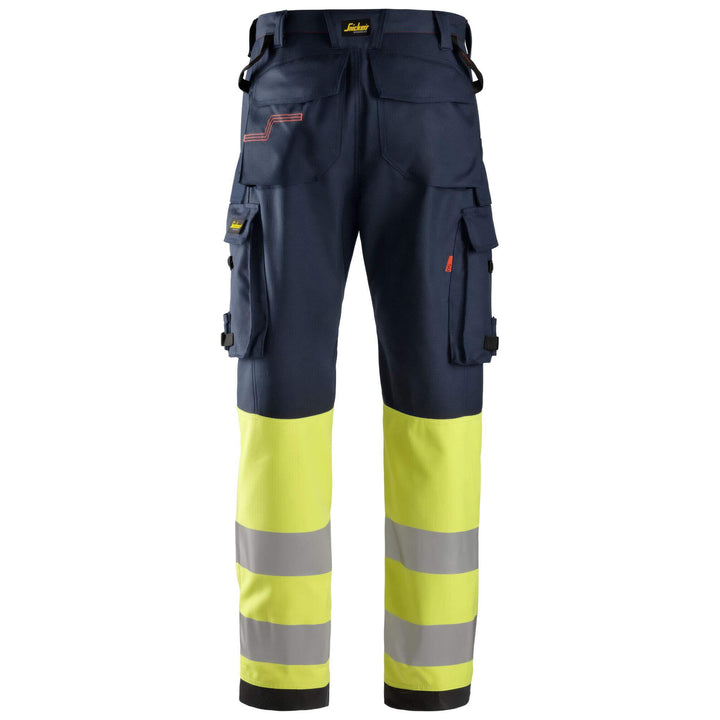 Snickers 6363 ProtecWork Trousers Hi Vis Class 1 Navy Hi Visibilty Yellow back #colour_navy-hi-visibilty-yellow