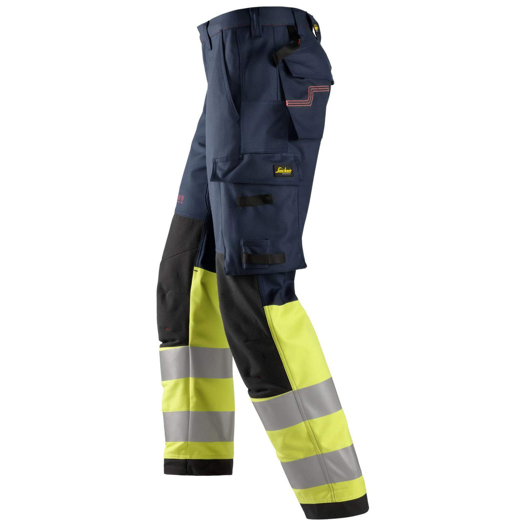 Snickers 6363 ProtecWork Trousers Hi Vis Class 1 Navy Hi Visibilty Yellow left #colour_navy-hi-visibilty-yellow