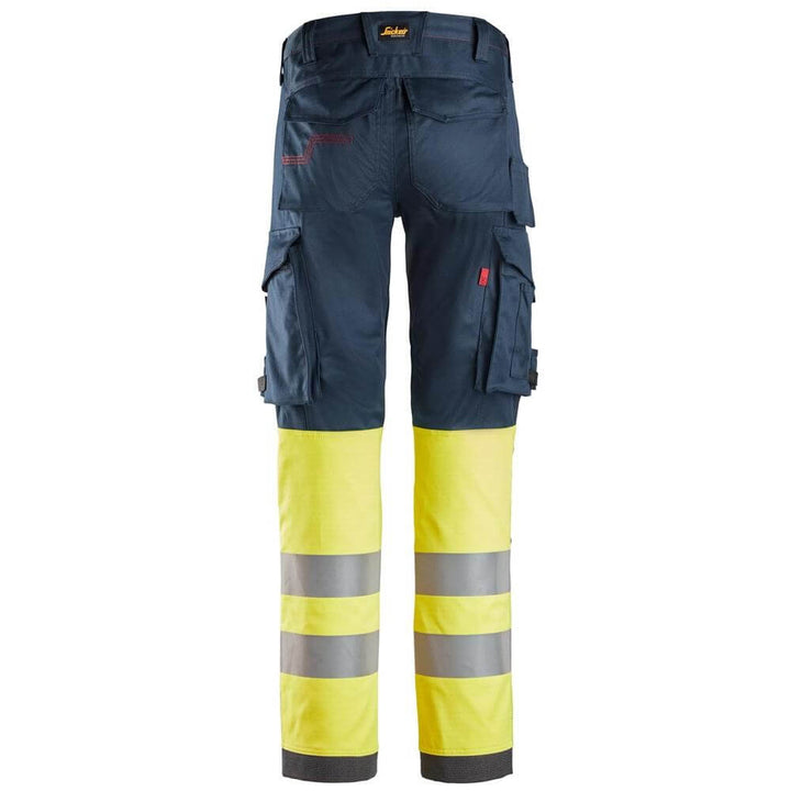 Snickers 6374 ProtecWork Stretch Work Trousers High Vis Class 1 Navy Hi Visibilty Yellow back #colour_navy-hi-visibilty-yellow