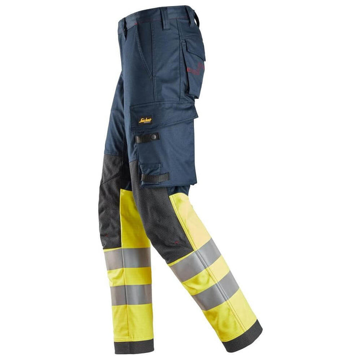 Snickers 6374 ProtecWork Stretch Work Trousers High Vis Class 1 Navy Hi Visibilty Yellow left #colour_navy-hi-visibilty-yellow