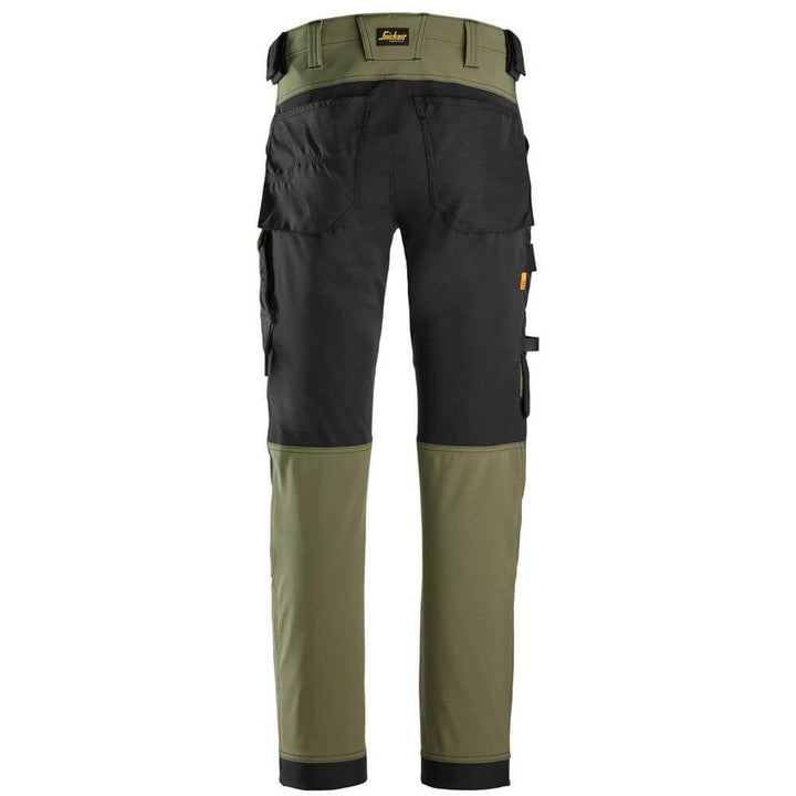 Snickers 6375 AllroundWork 4 way Stretch Trousers Khaki Green Black back #colour_khaki-green-black