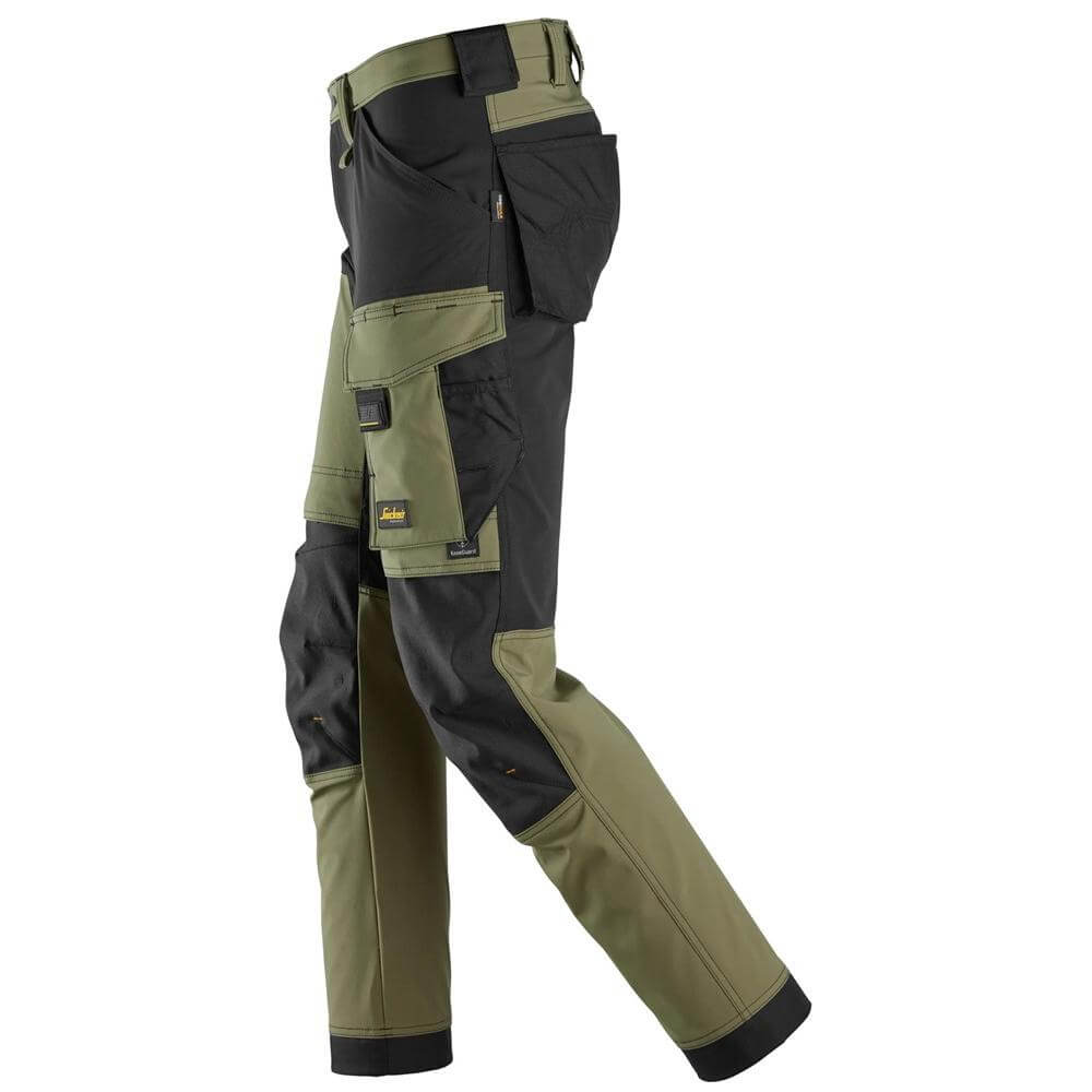 Snickers 6375 AllroundWork 4 way Stretch Trousers Khaki Green Black left #colour_khaki-green-black