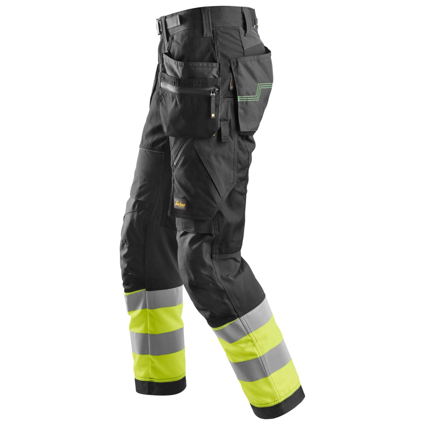 Snickers 6931 Lightweight Hi Vis Work Trousers with Holster Pockets Class 1 Black Hi Vis Yellow left #colour_black-hi-vis-yellow