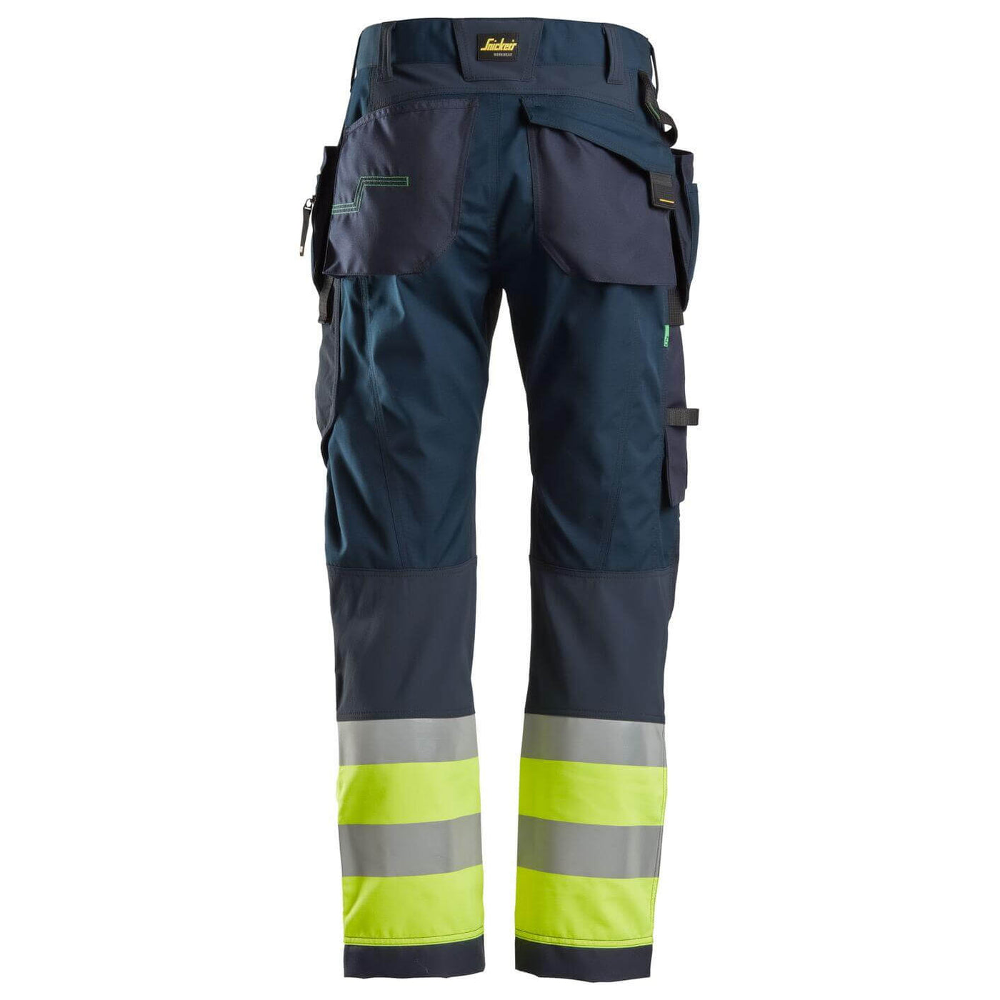 Snickers 6931 Lightweight Hi Vis Work Trousers with Holster Pockets Class 1 Navy Hi Visibilty Yellow back #colour_navy-hi-visibilty-yellow