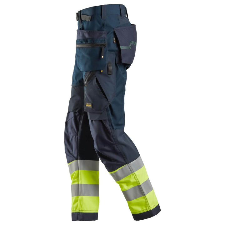 Snickers 6931 Lightweight Hi Vis Work Trousers with Holster Pockets Class 1 Navy Hi Visibilty Yellow left #colour_navy-hi-visibilty-yellow