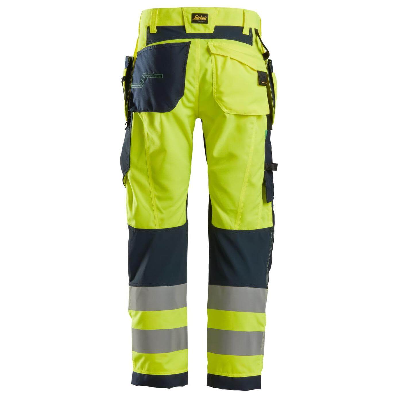 Snickers 6932 Lightweight Hi Vis Work Trousers with Holster Pockets Class 2 Hi Vis Yellow Navy Blue back #colour_hi-vis-yellow-navy-blue