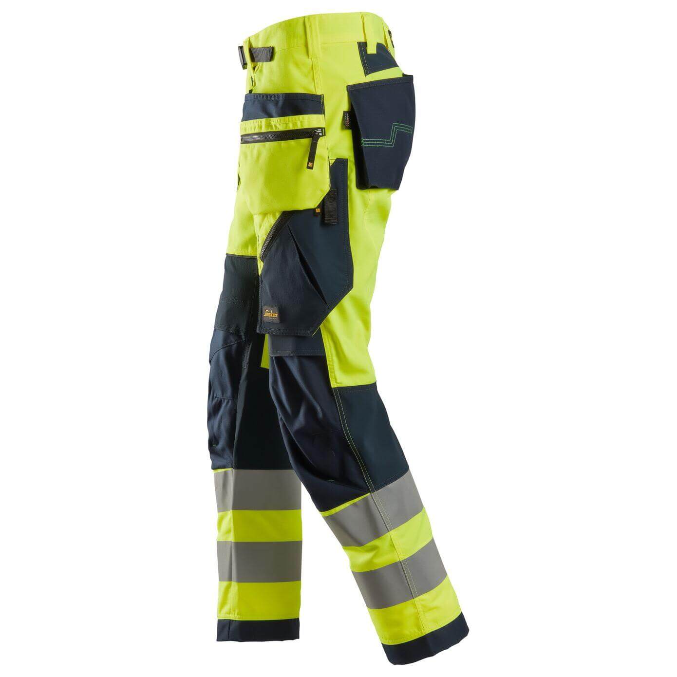 Snickers 6932 Lightweight Hi Vis Work Trousers with Holster Pockets Class 2 Hi Vis Yellow Navy Blue left #colour_hi-vis-yellow-navy-blue