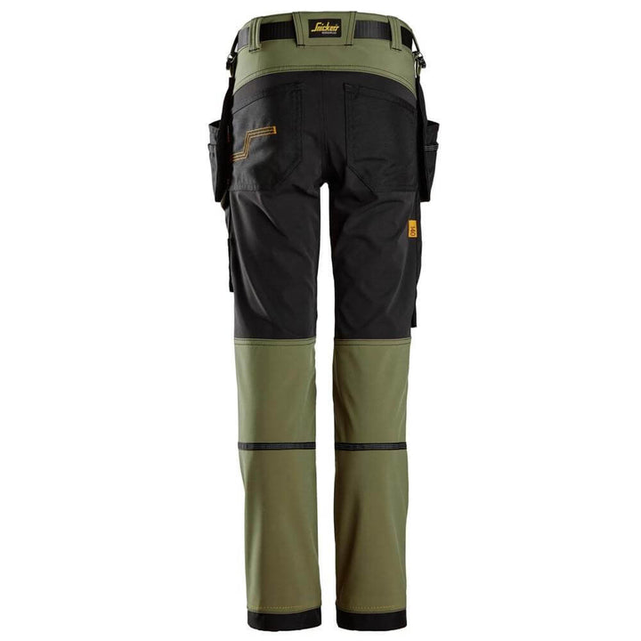 Snickers 7575 AllroundWork Junior 4 way Stretch Trousers Khaki Green Black back #colour_khaki-green-black