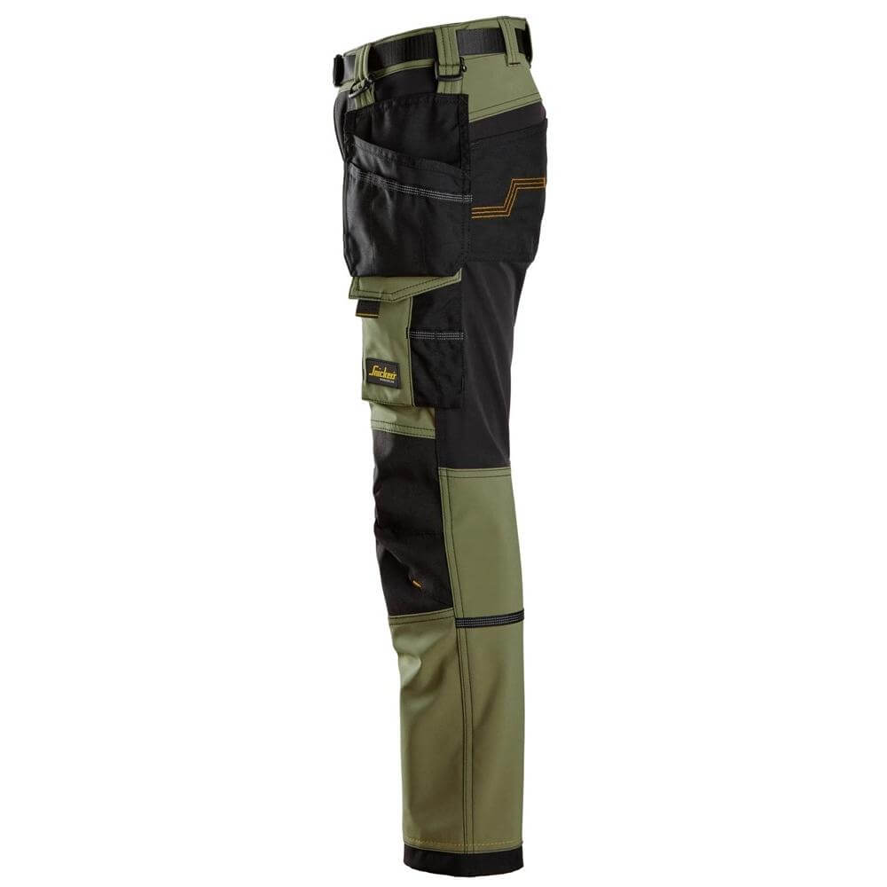Snickers 7575 AllroundWork Junior 4 way Stretch Trousers Khaki Green Black left #colour_khaki-green-black