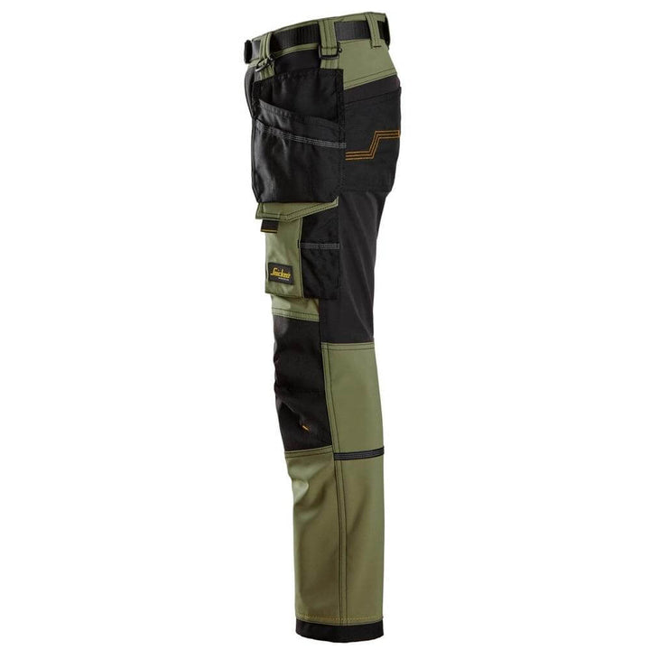 Snickers 7575 AllroundWork Junior 4 way Stretch Trousers Khaki Green Black left #colour_khaki-green-black
