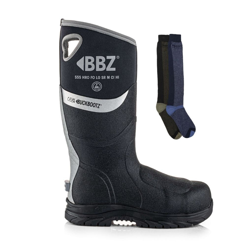 Buckbootz BBZ9000 Special Offer Pack - Buckler BBZ9000 S5 Neoprene &amp; Rubber Insulated Safety Wellington Boots + Welly Socks