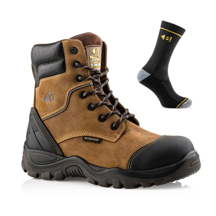 Buckbootz BSH008 Special Offer Pack - Buckler Buckshot High Leg Zip Safety Boots + Temperature Control Comfort Socks#colour_brown